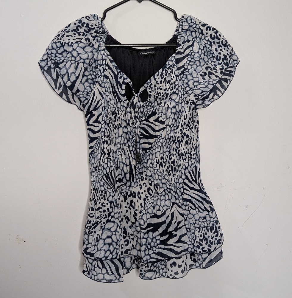 Mandee Animal Print Tie-Front Blouse | Size Small | Black White Zebra Leopard - Picture 2 of 5